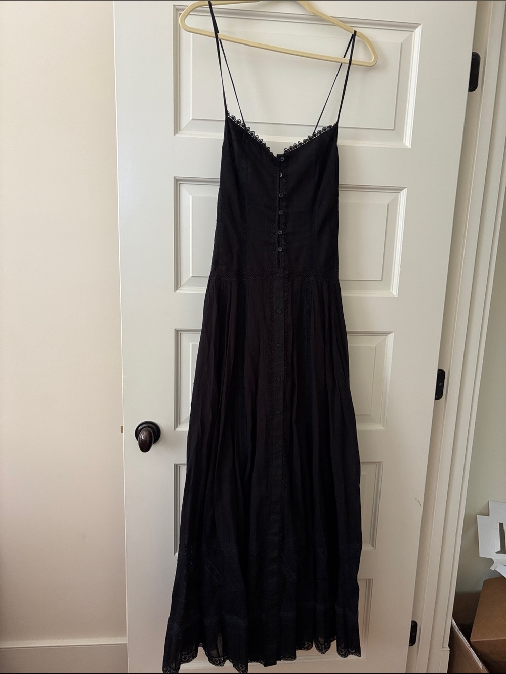 bebe Black Spaghetti-Strap Lace-Trim Maxi Dress